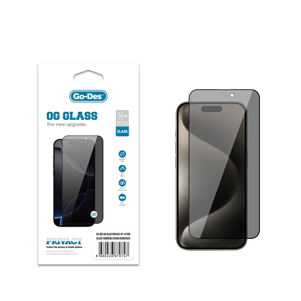 Go Des OG Glass iPhone 15 Pro Privacy Antistatik Temperli Cam Ekran Koruyucu Go Des OG Glass iPhone 15 Pro Privacy Antistatik Temperli Cam Ekran Koruyucu